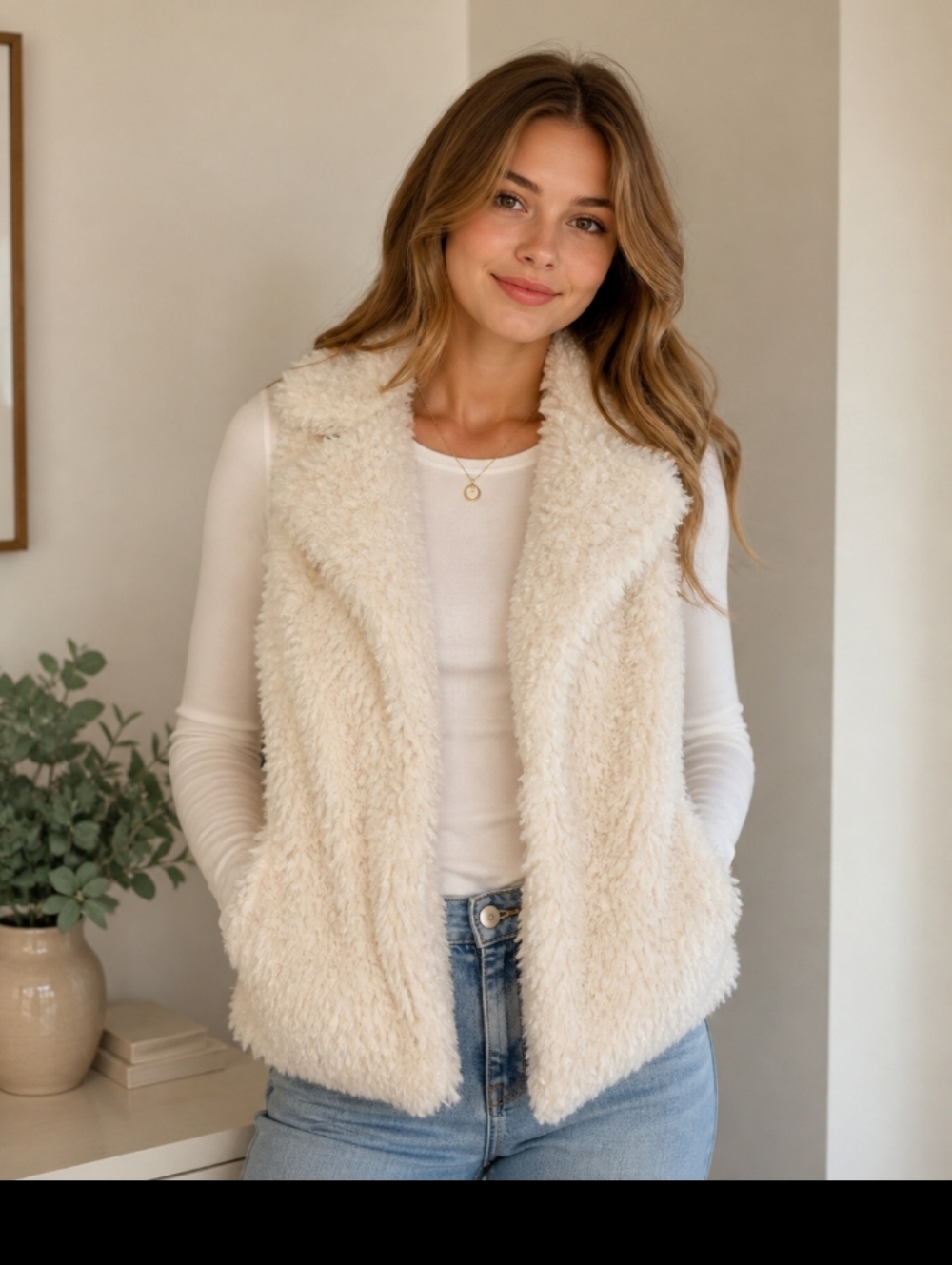 Women's Cream Faux Mohair Shaggy Vest - Sleeveless Cozy Layer NWT XL